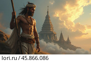 Brahmin Ascends the Ladder to the Majestic Shiva Chariot Amidst Clouds and Temples During a Sacred Celebration. Стоковое AI-изображение, AI-художник Sergey Grishin / Фотобанк Лори