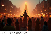 Devotees Gather for Maha Shivratri Celebration in Haridwar Under a Glowing Sky Filled With Festive Lights and Devotion. Стоковое AI-изображение, AI-художник Sergey Grishin / Фотобанк Лори