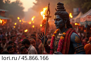 Maha Shivaratri Celebration in an Indian City With Vibrant Festivities and Crowds Gathered Around. Стоковое AI-изображение, AI-художник Sergey Grishin / Фотобанк Лори