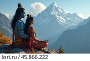 Shiva and Parvati Meditate in Serene Harmony on Mount Kailash, Showcasing Divine Tranquility in Nature's Grandeur. Стоковое AI-изображение, AI-художник Sergey Grishin / Фотобанк Лори