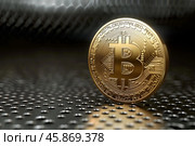 Bitcoin cryptocurrency coin spinning on metal surface. Стоковое AI-изображение, AI-художник Иван Рябоконь / Фотобанк Лори