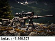 Camouflaged precision rifle resting on rocks in mountainous terrain. Стоковое AI-изображение, AI-художник Иван Рябоконь / Фотобанк Лори