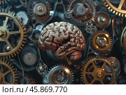 Metallic brain functioning with interlocking gears symbolizing artificial intelligence. Стоковое AI-изображение, AI-художник Иван Рябоконь / Фотобанк Лори