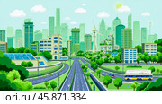 Modern eco-friendly cityscape green buildings urban skyline renewable energy wind turbines trees sustainable transportation nature clean environment futuristic vibrant growth skyline. Стоковое AI-изображение, AI-художник Павел Муравьев / Фотобанк Лори