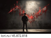 Businessman watching bloody stock market crashing graph on brick wall. Стоковое AI-изображение, AI-художник Иван Рябоконь / Фотобанк Лори