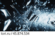 Shattered glass exploding in sharp fragments on dark background. Стоковое AI-изображение, AI-художник Михаил Коханчиков / Фотобанк Лори