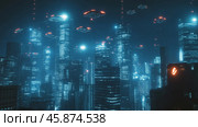 Unidentified flying objects hover over a city buildings skyline at night. Стоковое AI-изображение, AI-художник Михаил Коханчиков / Фотобанк Лори
