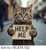 Кот держит лапами картонную табличку с надписью HELP ME. Стоковое AI-изображение, AI-художник Болдырева Елена / Фотобанк Лори