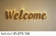 Golden welcome sign shining on neutral background. Стоковое AI-видео, аниматор Юрий Поздников / Фотобанк Лори