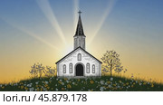 Church building on hilltop at sunrise with stylized effects. Стоковое AI-видео, аниматор Юрий Поздников / Фотобанк Лори