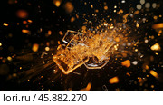 Shattered glass exploding in sharp fragments on dark background. Стоковое AI-изображение, AI-художник Михаил Коханчиков / Фотобанк Лори