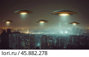 Unidentified flying objects hover over a city buildings skyline at night. Стоковое AI-изображение, AI-художник Михаил Коханчиков / Фотобанк Лори