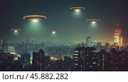 Unidentified flying objects hover over a city buildings skyline at night. Стоковое AI-изображение, AI-художник Михаил Коханчиков / Фотобанк Лори