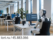 Офис, в котором вместо людей работают роботы. Стоковое AI-изображение, AI-художник Дмитрий Киселёв / Фотобанк Лори