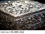 Elegant silver box exhibiting detailed floral ornaments. Стоковое AI-изображение, AI-художник Иван Рябоконь / Фотобанк Лори