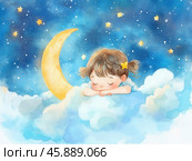 Сказочная акварельная ночная сцена со спящим ребенком и полумесяцем, идеально подходящая для фэнтезийных тем. Стоковое AI-изображение, AI-художник ФотоИнтеллект / Фотобанк Лори