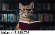 Очаровательный кот в очках читает книгу в уютной обстановке библиотеки. Стоковое AI-изображение, AI-художник ФотоИнтеллект / Фотобанк Лори