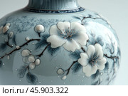 An exquisite porcelain vase decorated with a sophisticated floral pattern in Japanese or Chinese style. The surface of the vase depicts flowers with white petals, carefully drawn using thin lines and gradient transitions of blue. The contours of the flowers and branches are highlighted with thin golden lines, giving the composition elegance and sophistication. The petals and buds seem voluminous due to the detailed painting and light glossy shine of the porcelain. Стоковое AI-изображение, AI-художник Анна Кривицкая / Фотобанк Лори
