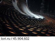 An abstract futuristic object with a wave-like surface covered with many shiny black spherical elements. Bright orange light lines are visible between the spheres, creating a sense of depth and dynamics. The surface bends, forming smooth lines and creating the effect of movement. The lighting emphasizes the glossy texture of the spheres and light accents, which gives the image an atmosphere of high technology and minimalism. The background is darkened, which enhances the contrast between the object and the surrounding spac. Стоковое AI-изображение, AI-художник Анна Кривицкая / Фотобанк Лори