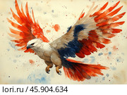 A majestic eagle in flight, executed in watercolor painting technique. The main emphasis is on the bright red and dark blue feathers of the wings, which create dynamics and emphasize the strength of the bird. The eagle's head is snow-white, with a predatory and penetrating look, emphasized by deep shadows and orange accents around the eyes. Стоковое AI-изображение, AI-художник Анна Кривицкая / Фотобанк Лори
