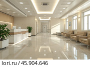 The interior of the reception of a modern office or medical center, an empty bright corridor. Стоковое AI-изображение, AI-художник Виктория Тельминова / Фотобанк Лори