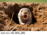 Screaming gopher emerging from its burrow in the desert. Стоковое AI-изображение, AI-художник Иван Рябоконь / Фотобанк Лори