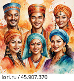 Women and Men in Indian Dress. Стоковое AI-изображение, AI-художник Любовь Назарова / Фотобанк Лори