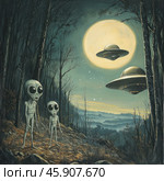 Fantasy scene: two humanoids with large heads and black almond-shaped eyes stand in a forest under the moonlight. Their bodies are thin, gray, and look fragile. In the background, two flying objects in the shape of classic UFOs with backlighting are visible, hovering in the air against the backdrop of a full moon. The forest looks dark and mysterious, with bare tree branches, which adds to the atmosphere of mystery. The sky is dark, with barely visible stars, and the moonlight gives the scene a cold and mystical tone. The image evokes associations with contacts of extraterrestrial civilizations and science fiction. Стоковое AI-изображение, AI-художник Анна Кривицкая / Фотобанк Лори