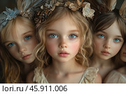 Three girls with angelic features. All three have fair skin, bright blue eyes and slightly wavy hair. The central girl stands out with her particularly expressive gaze and light blush on her cheeks. On her head is a wreath decorated with dried flowers, leaves and feathers, creating an atmosphere of fairytale. The girls are dressed in delicate dresses in pastel shades, which emphasizes their tenderness and innocence. The background is soft, darkened, focusing attention on their faces and jewelry. Стоковое AI-изображение, AI-художник Анна Кривицкая / Фотобанк Лори