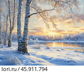 White birch on a frosty sunny morning. Winter landscape. Стоковое AI-изображение, AI-художник Сергей Елизарьев / Фотобанк Лори
