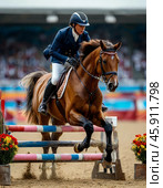 Show jumping is the most spectacular form of equestrian sport. An Olympic sport, which is a competition to overcome obstacles in a certain order and of a certain difficulty and height, held on a show jumping field. Стоковое AI-изображение, AI-художник Сергей Елизарьев / Фотобанк Лори