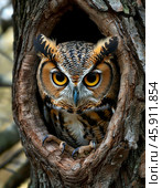 The eagle owl (Lat. Bubo bubo, Old Russian: pugač - literally "frightening, terrible") is a species of bird of prey from the owl family, one of the largest representatives of the order of owls. The most characteristic features include a massive "barrel-shaped" body type, loose plumage with a predominance of reddish and ocher shades, bright orange eyes and tufts of elongated feathers above them (the so-called "feather ears"). Стоковое AI-изображение, AI-художник Сергей Елизарьев / Фотобанк Лори