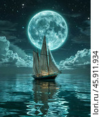Yacht against the background of the moon, full moon. River landscape. Стоковое AI-изображение, AI-художник Сергей Елизарьев / Фотобанк Лори