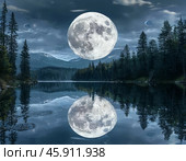 Bright disk of the moon, full moon. Night landscape. Стоковое AI-изображение, AI-художник Сергей Елизарьев / Фотобанк Лори
