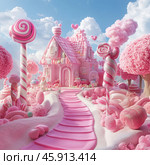 A fairy-tale world reminiscent of a scene from a children's fairy tale. The central place is occupied by a pink gingerbread house, decorated with elements similar to sweets: lollipops, caramel, marshmallows and colorful candies. The roof of the house resembles chocolate bars, and the windows and doors are decorated with details in the form of sugar icing.In front of the house there is a winding path of a rich pink color, similar to mastic or sugar paste. Around the house there are trees that are shaped like large cotton candies. In the foreground you can see huge lollipops on sticks in the form of spirals. All elements of the landscape are made in a pink and white color scheme, which creates a feeling of sweetness and magic. The sky is blue with fluffy clouds, which emphasizes the fairy-tale atmosphere. Стоковое AI-изображение, AI-художник Анна Кривицкая / Фотобанк Лори