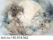 An elegant watercolor painting depicting a young woman with wavy, voluminous hair framing her face. Her gaze is lowered, creating an atmosphere of thoughtfulness and melancholy. The woman's clothing is made in pastel colors with details of thin fabric, similar to lace or chiffon, which adds lightness and sophistication to the image.In the background is a fairy-tale city, the silhouettes of which seem to float in the clouds. The towers and domes of the buildings have thin, graceful shapes, reminiscent of the architecture of ancient cathedrals. The central place is occupied by a huge round disk, symbolizing, perhaps, the Moon, which illuminates the entire scene with a soft light. The overall palette of the drawing consists of delicate shades of beige, gray and blue, creating an atmosphere of sleep or dreams. Стоковое AI-изображение, AI-художник Анна Кривицкая / Фотобанк Лори