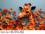 A bright and original composition in the style of paper art (papercraft). The main element is a giraffe, whose head is made of colored paper with various details and textures. The giraffe's body is covered with characteristic spots cut out of paper in warm orange and yellow tones. The ears and eyes are worked out with high detail, which gives the giraffe liveliness and expressiveness. Around the giraffe are voluminous paper flowers in various shades of orange, peach and terracotta, as well as bluish-gray leaves, which create a harmonious contrast with the main background. The background is made in a muted blue color, which emphasizes the warm shades of the composition. The image conveys a feeling of lightness, creativity and aesthetic completeness. Стоковое AI-изображение, AI-художник Анна Кривицкая / Фотобанк Лори