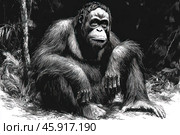A black and white portrait of an orangutan, done in a graphic style. The orangutan sits on the ground in a characteristic pose, leaning on one hand, with his head slightly tilted. His expressive face conveys a thoughtful and calm mood. The lines and strokes depicting the fur are detailed and create a textural contrast with the background. Elements of tropical vegetation are visible around the figure - leaves and branches, done in the same graphic style. The dark background emphasizes the central object and adds depth to the composition. The painting conveys the natural habitat of the animal and focuses attention on its expressive appearance. Стоковое AI-изображение, AI-художник Анна Кривицкая / Фотобанк Лори