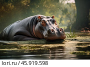 Hippopotamus relaxing in water with lush green vegetation. Стоковое AI-изображение, AI-художник Иван Рябоконь / Фотобанк Лори