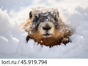 Yellow bellied marmot emerging from snow covered burrow. Стоковое AI-изображение, AI-художник Иван Рябоконь / Фотобанк Лори