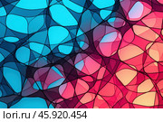 An abstract pattern that resembles a complex network or web. The lines intersect to form shapes that resemble cells with smooth, organic contours. The image palette includes gradients of bright blue and pink shades, creating the effect of transitions of light and shadow. The patterns resemble stained glass or graphic illustrations, creating the impression of movement and volume. Thin black lines separate areas of different colors, which enhances the geometric and artistic effect. Стоковое AI-изображение, AI-художник Анна Кривицкая / Фотобанк Лори