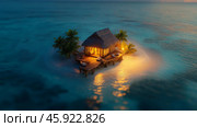 Romantic beachfront cottage illuminated at night surrounded by calm waters and palm trees in a tropical paradise. Стоковое AI-изображение, AI-художник Михаил Коханчиков / Фотобанк Лори