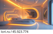 Modern bedroom featuring futuristic design and ambient lighting in a sleek, minimalist space. Стоковое AI-изображение, AI-художник Михаил Коханчиков / Фотобанк Лори