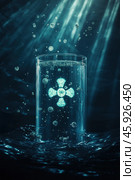 Glass of water with glowing nanobots dissolving in dark blue environment. Стоковое AI-изображение, AI-художник Юрий Поздников / Фотобанк Лори