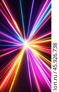 Colorful light beams converging into central bright spot on dark background. Стоковое AI-изображение, AI-художник Юрий Поздников / Фотобанк Лори