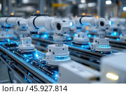 A modern automated production line, where robotic manipulators work. These robots are equipped with high-tech grippers and perform precise operations on the conveyor. The entire process is accompanied by a bright blue light emanating from the LED backlight, which emphasizes the technological and futuristic nature of the scene. The robots are arranged in a line, their actions are coordinated to improve productivity and quality of work.The background is blurred, which allows you to focus on the details of the foreground. The production environment looks sterile and organized, which is typical for high-tech enterprises, for example, in the field of electronics or mechanics assembly. Light and shadows emphasize the metal surfaces of the equipment, creating the impression of high-precision and reliable technology. Стоковое AI-изображение, AI-художник Анна Кривицкая / Фотобанк Лори