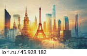 Eiffel tower emerging from futuristic cityscape at sunset. Стоковое AI-видео, аниматор Юрий Поздников / Фотобанк Лори
