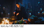 Witch preparing a potion in a dark dungeon. Стоковое видео, видеограф Данил Руденко / Фотобанк Лори