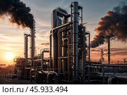Industrial factory, furnace and heat exchanger cracking hydrocarbons at sunset background. Equipment petrochemical plant with pipes. Manufacturing and industry technology concept. Copy ad text space. Стоковое AI-изображение, AI-художник Aleksandr Golubev / Фотобанк Лори