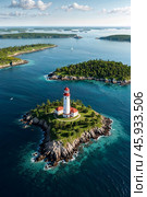 Aerial view of landscape of archipelago of islands with lighthouse in north sea, skyline at blue sky background. Amazing natural wild scenery view of Scandinavian nature concept. Copy ad text space. Стоковое AI-изображение, AI-художник Aleksandr Golubev / Фотобанк Лори
